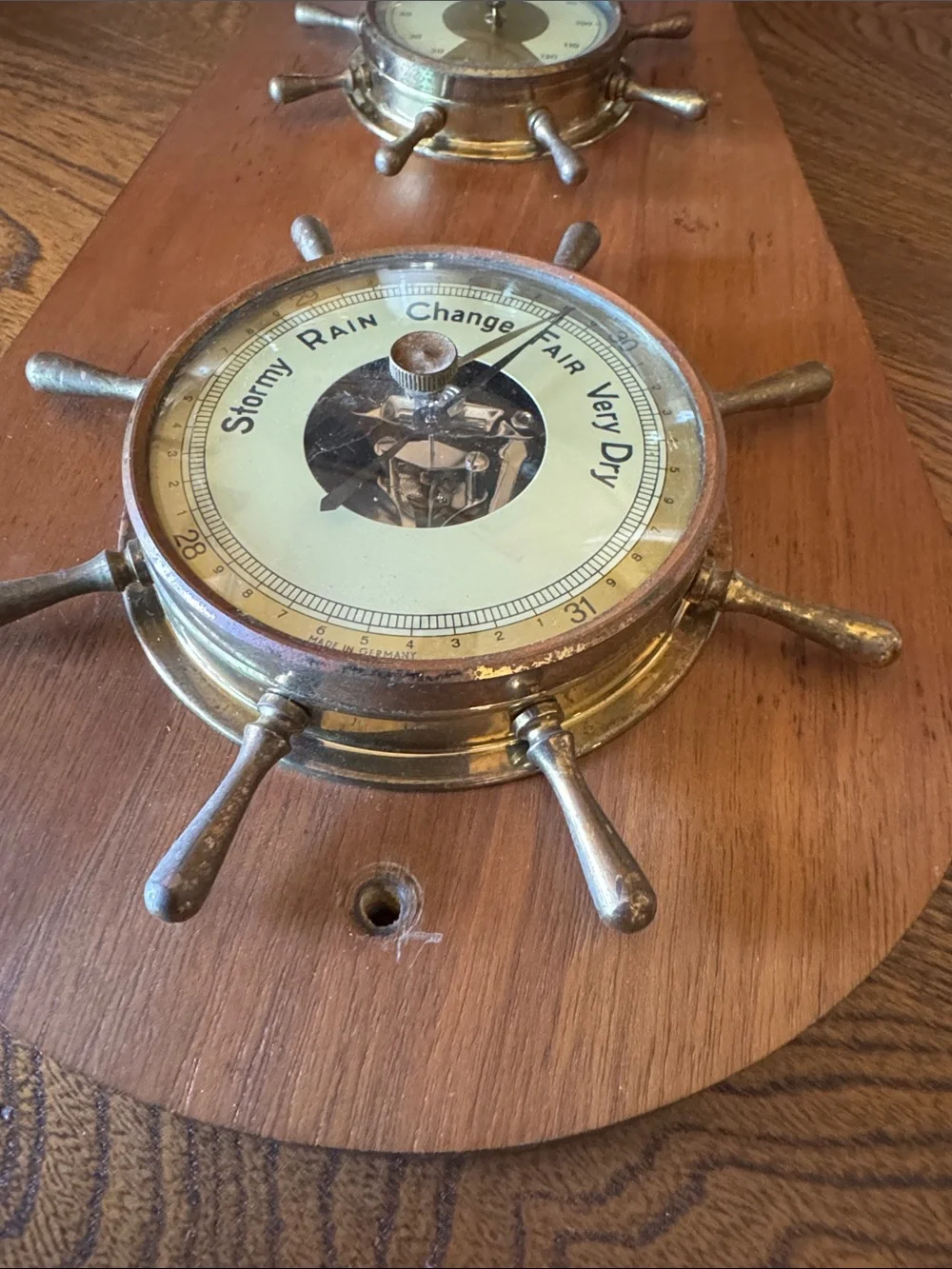 Vintage MCM Nautical Made in Germany Wall Weather Station - Wood, Brass, Steel - Picture 7 of 9
